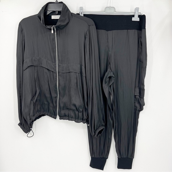 Lola & Sophie Black Satin Track Set Cargo Joggers Crop Drawstring Jacket Size L - Picture 1 of 12